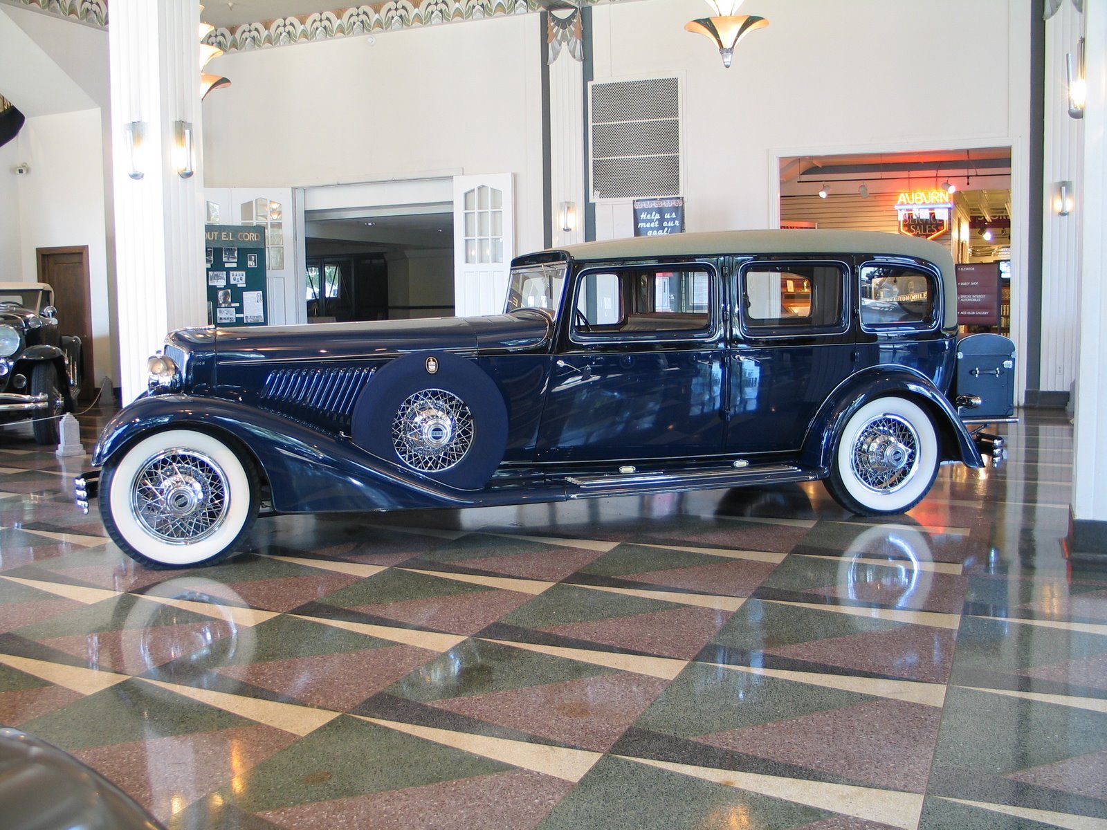 Classic blue car on display