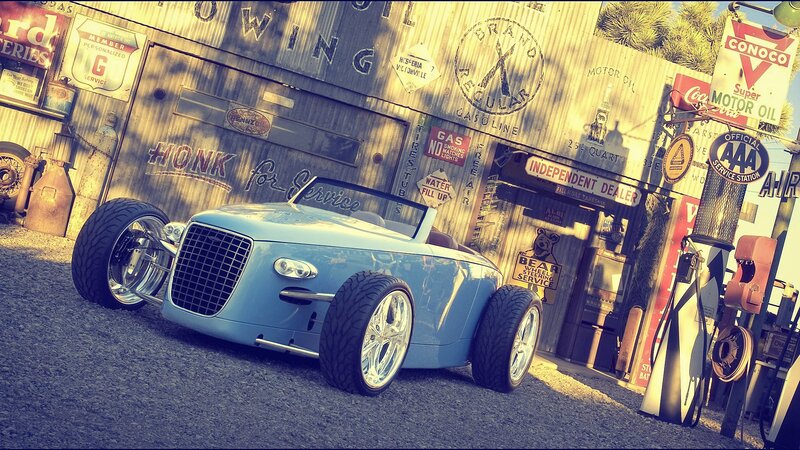 Classic blue hot rod at vintage gas station