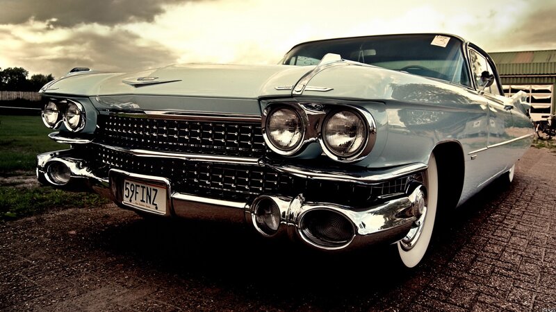 Classic Cadillac Car — Silver, Dramatic, Sunset, Photograph, License Plate