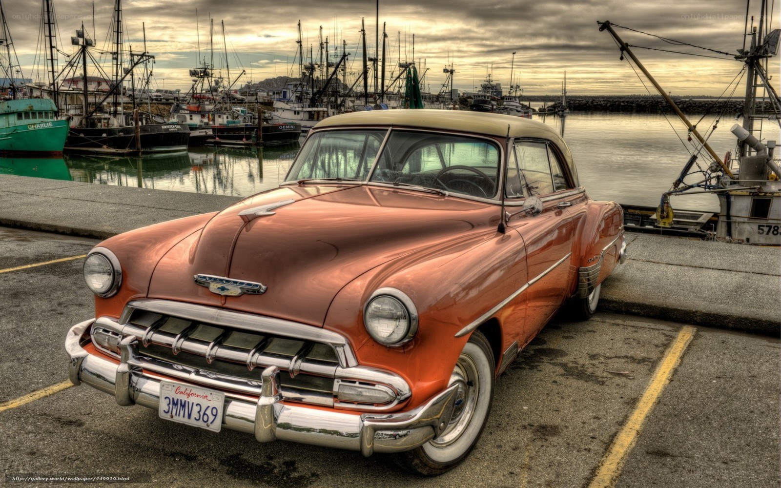Classic car at a harbor