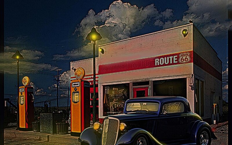 Classic Car at Gas Station — Blue, Dramatic