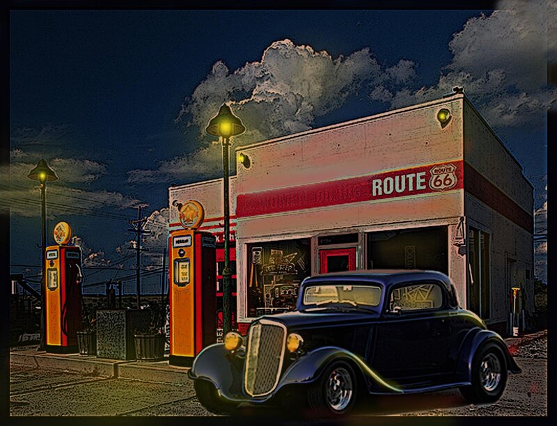 Classic Car at Gas Station — Blue