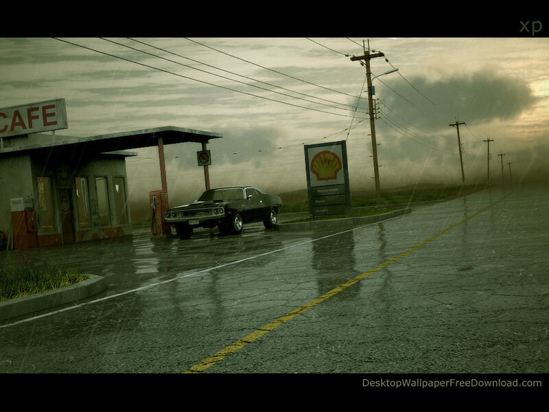 Classic Car at Gas Station — Gray, Dreary