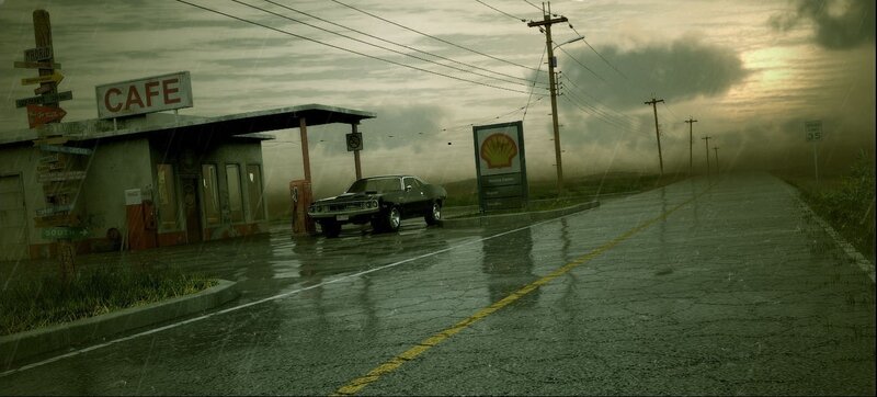 Classic Car at Gas Station — Gray