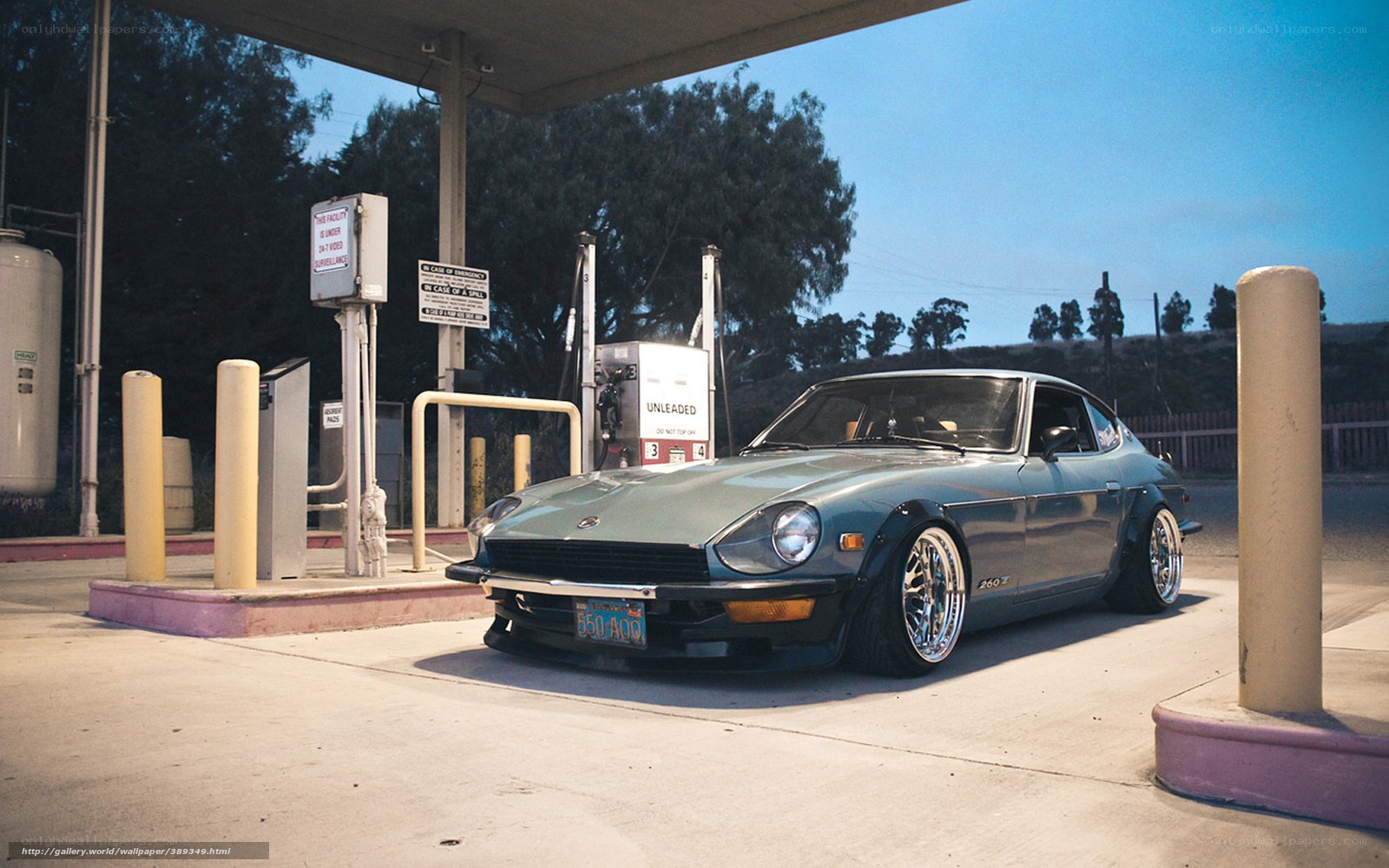 Classic car at gas station