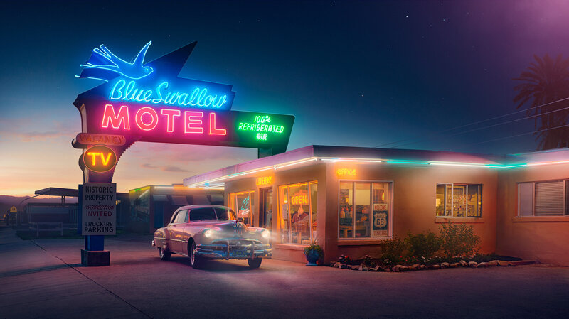Classic Car at Motel — Blue