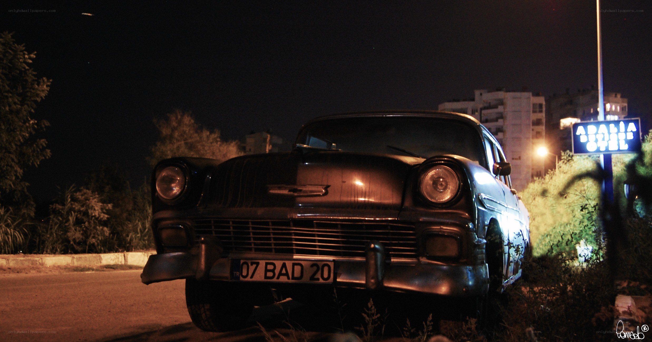 Classic car at night