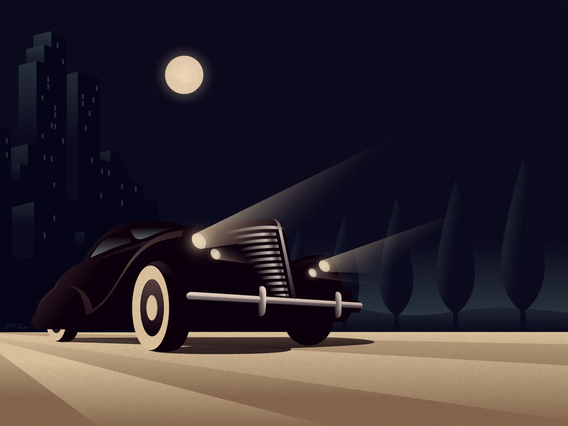 Classic Car at Night — Black, Dramatic, Illustration