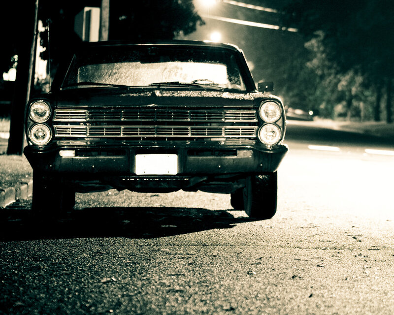 Classic Car at Night — Black, Dramatic, Photograph, Street, Trees