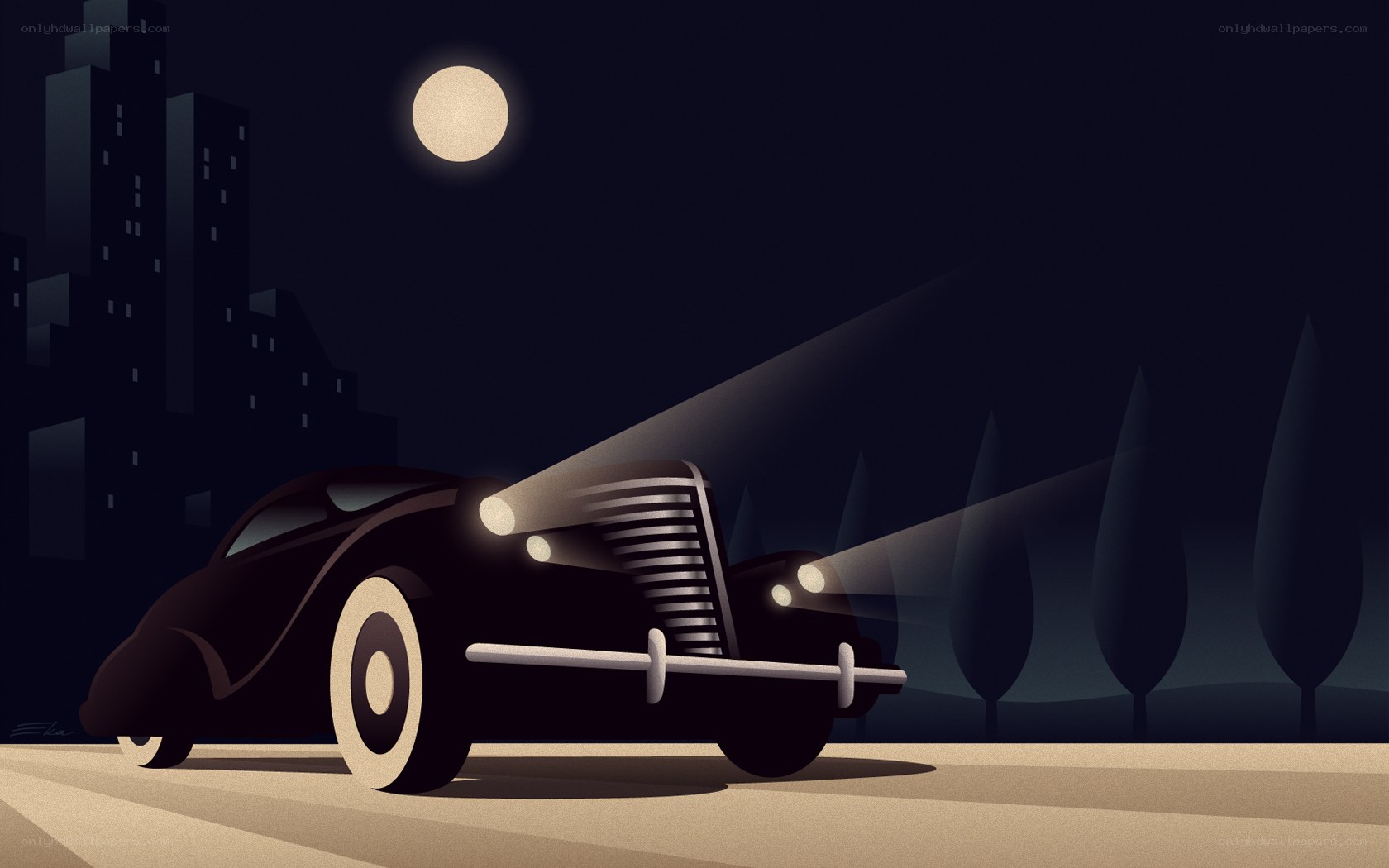 Classic car at night under moonlight