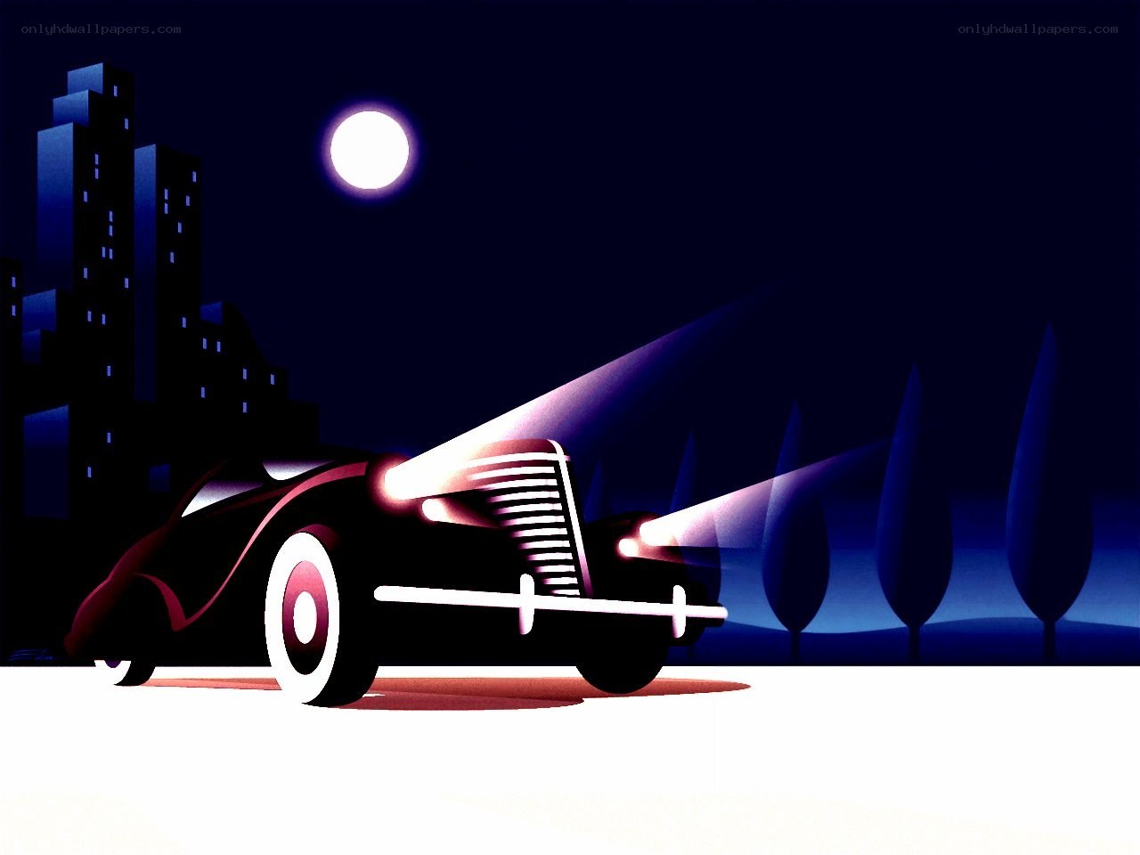 Classic car at night under moonlight