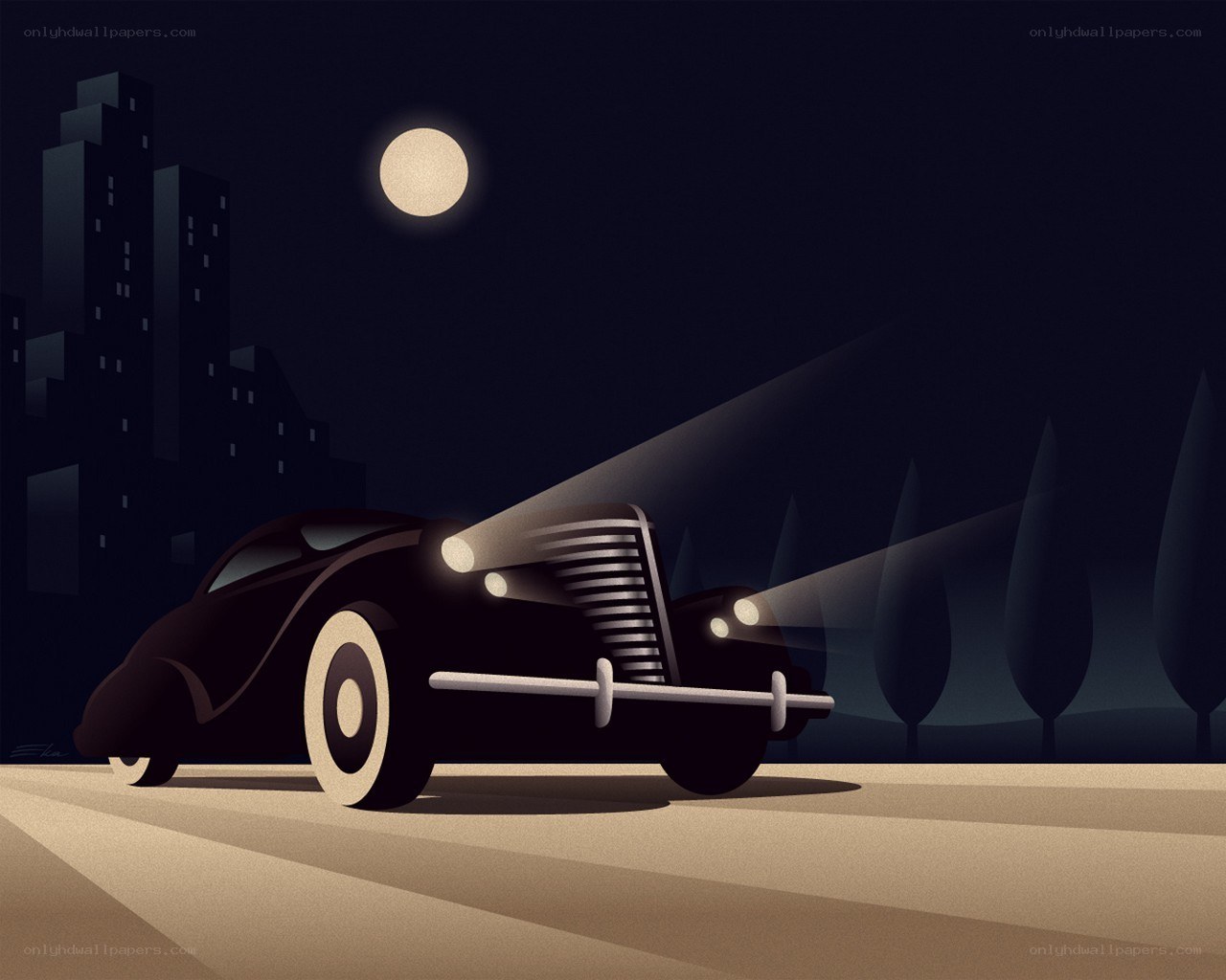 Classic car at night under moonlight