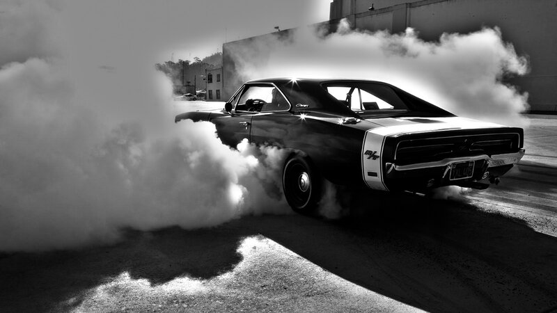 Classic car burnout in black and white