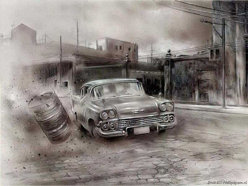 Classic car crash on cobblestone street