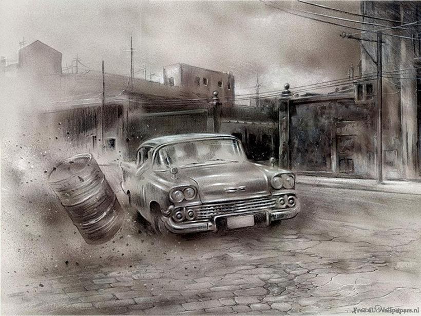 Classic car crash on cobblestone street
