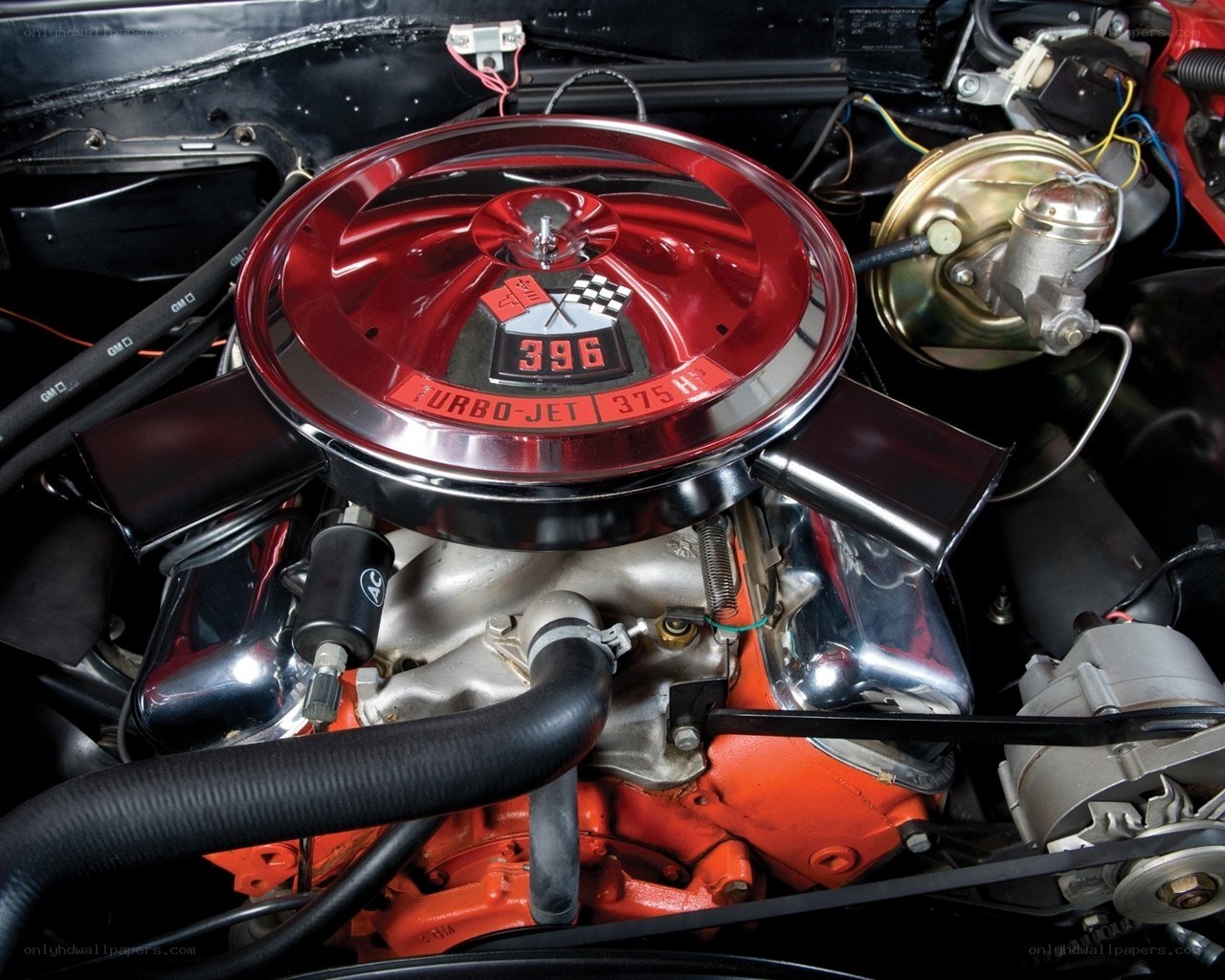 Classic car engine with red air cleaner