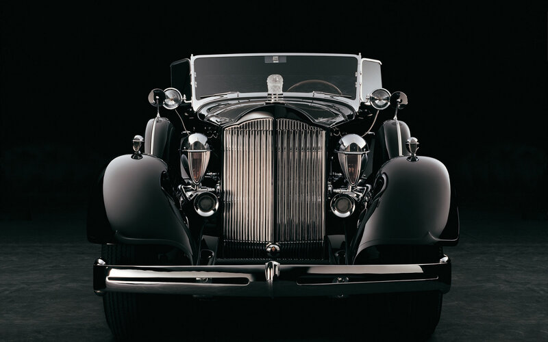 Classic Car Front View — Black, Dramatic, Photograph