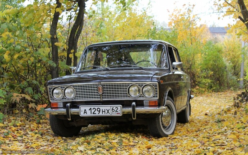 Classic car in autumn leaves