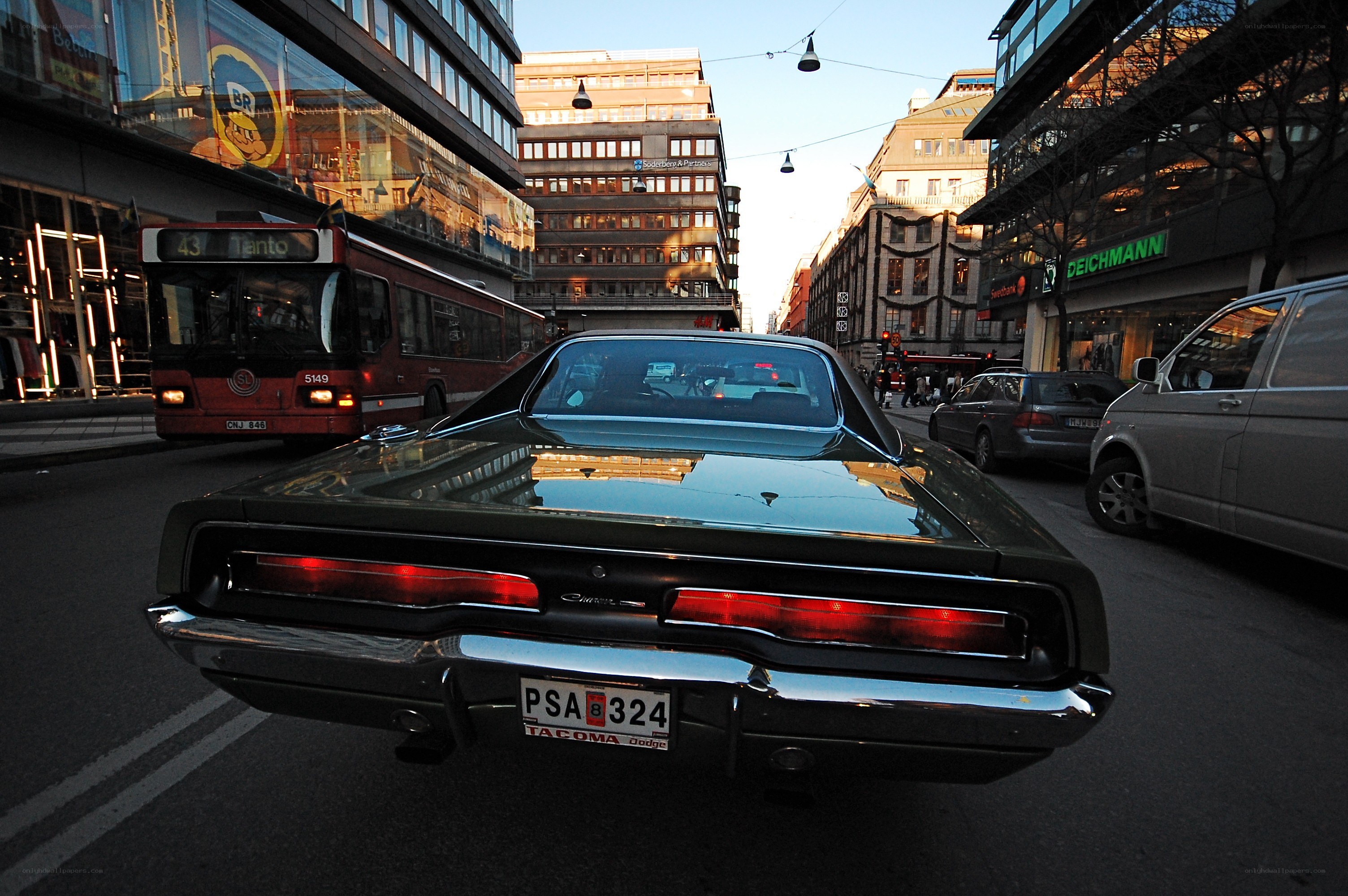 Classic car in city traffic