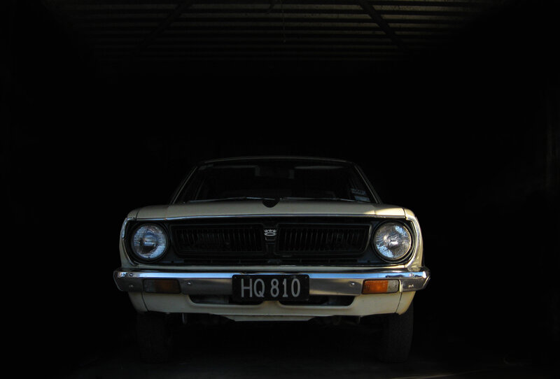 Classic car in dark garage