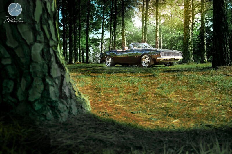 Classic car in forest clearing