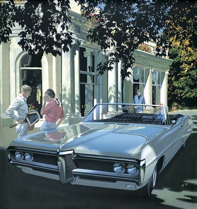 Classic car in front of mansion