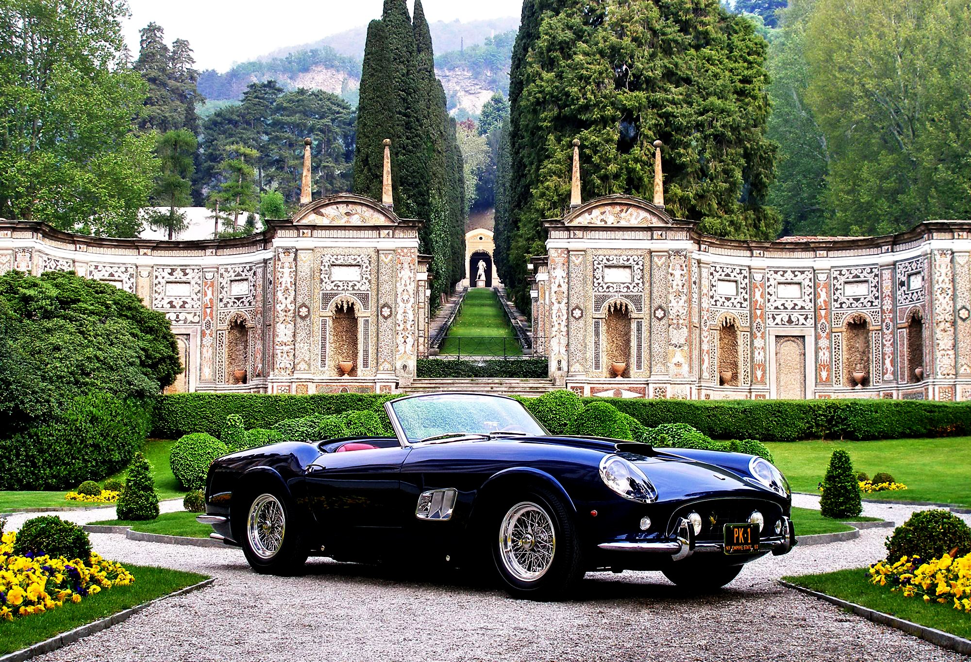 Classic car in garden setting