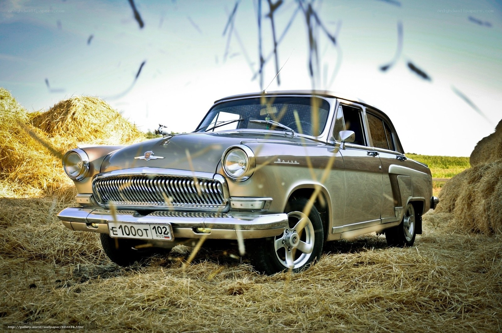 Classic car in hay field