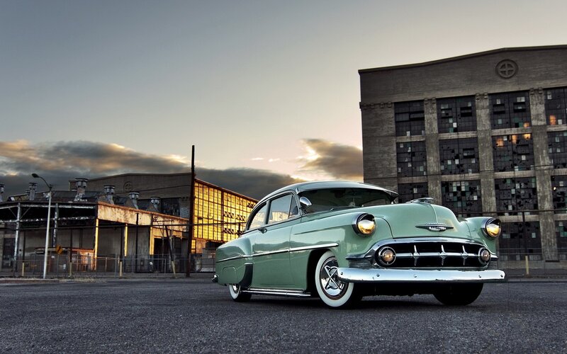 Classic car in industrial setting