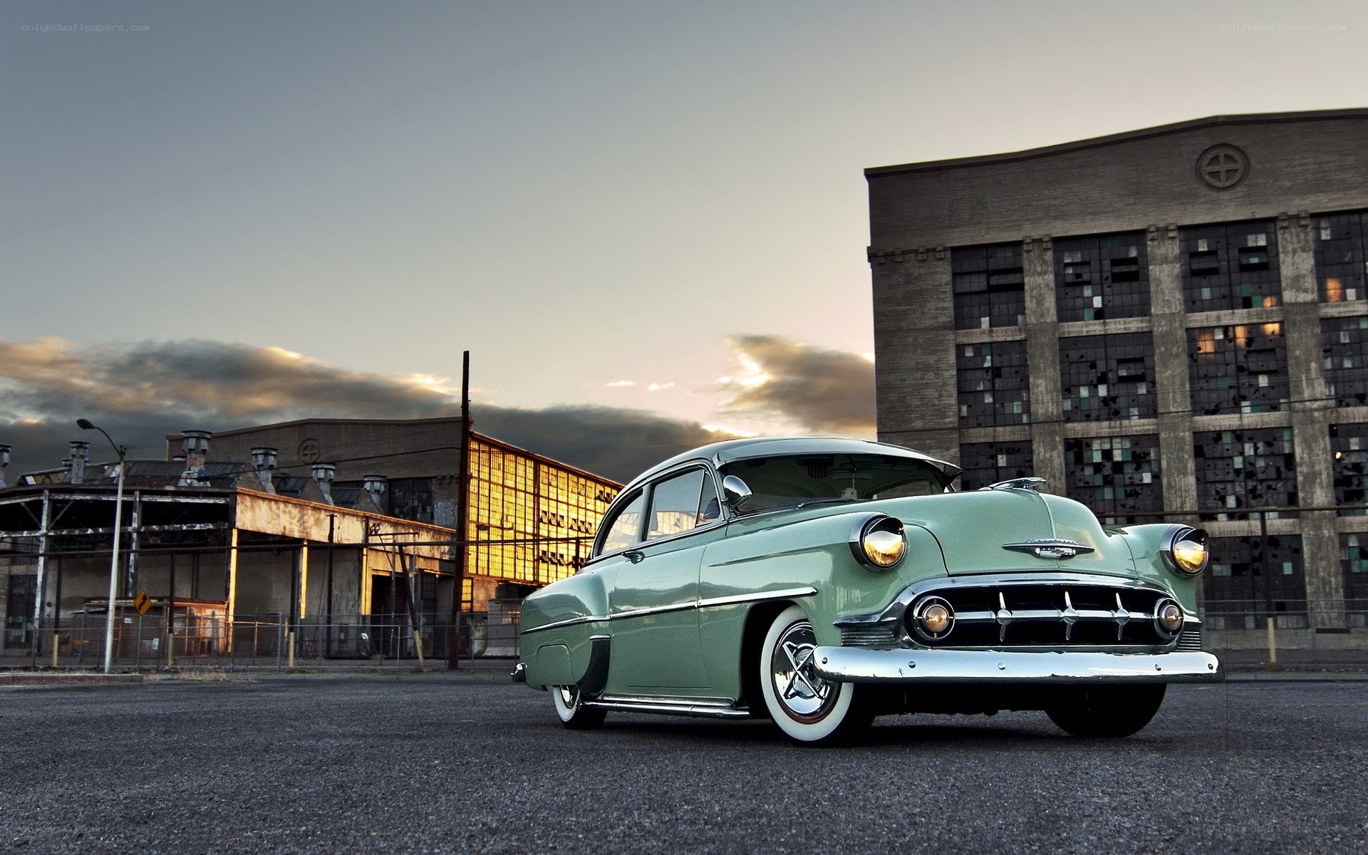 Classic car in industrial setting