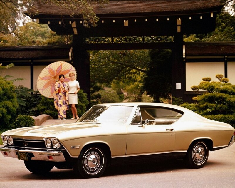 Classic car in Japanese garden
