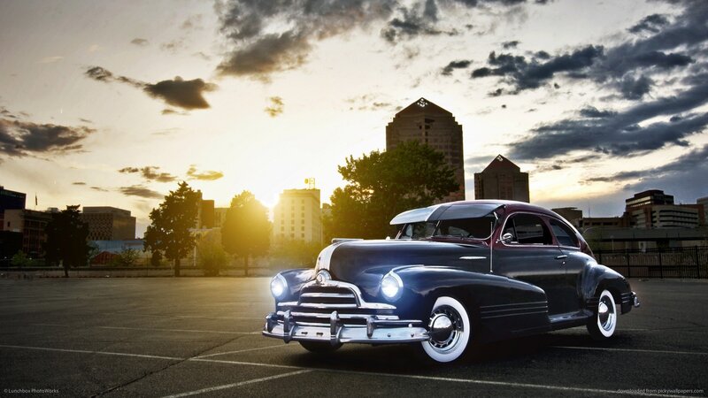 Classic Car in Parking Lot — Blue, Dramatic