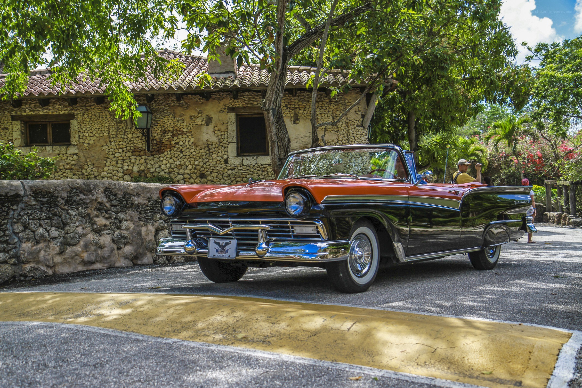 Classic car in tropical setting