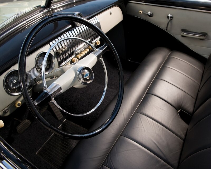 Classic Car Interior — Black, Retro, Photograph, Steering Wheel, Dashboard, Leather Seats, Gray