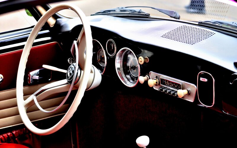 Classic Car Interior — Black, Retro, Photograph, Steering Wheel, Dashboard, Radio, White