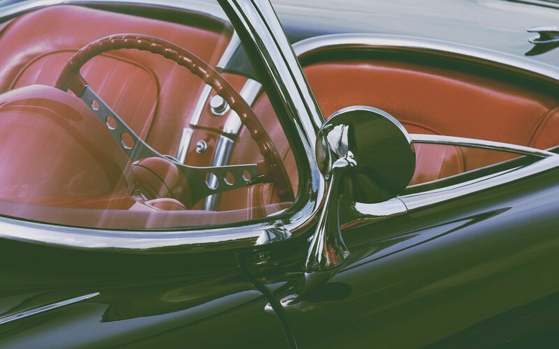 Classic Car Interior — Black, Retro, Photograph