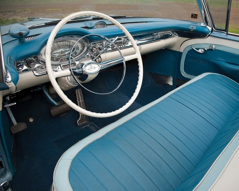 Classic Car Interior — Blue, Retro, Photograph, Steering Wheel, Dashboard, Car Seat, White