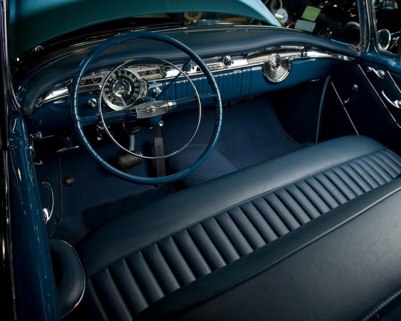 Classic Car Interior — Blue, Retro, Photograph, Steering Wheel