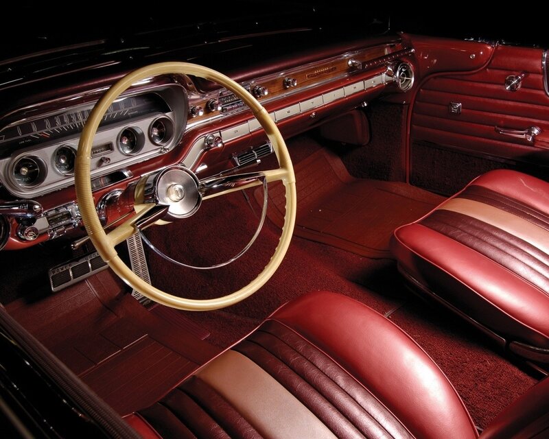 Classic Car Interior — Red, Dramatic, Photograph, Steering Wheel, Dashboard, Seats