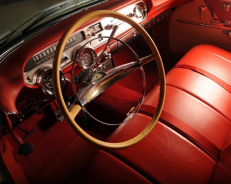 Classic Car Interior — Red, Dramatic, Photograph, Steering Wheel, Dashboard