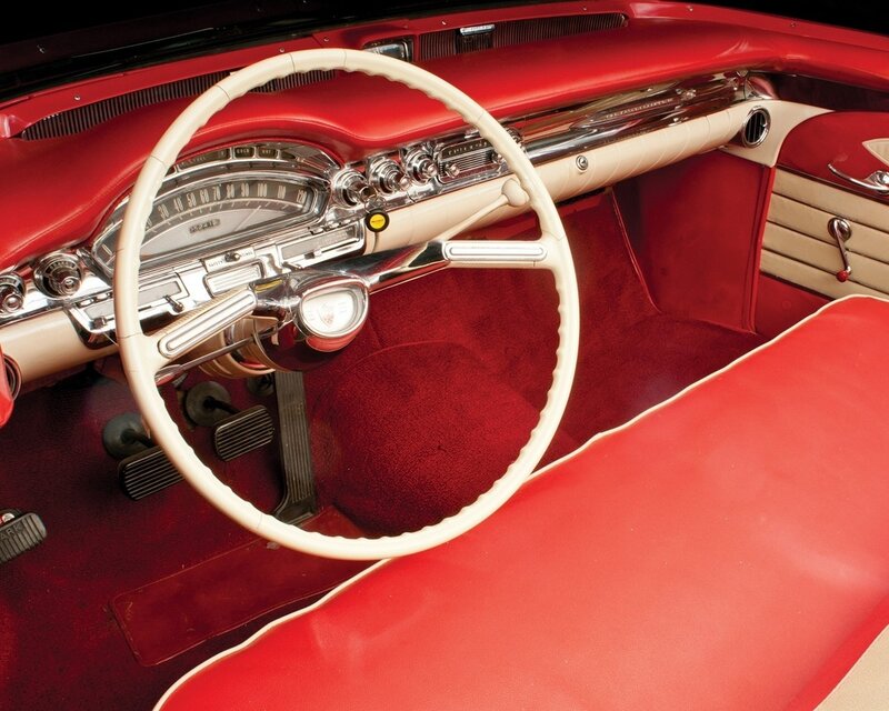 Classic Car Interior — Red, Retro, Photograph, Steering Wheel, Dashboard, Carpet, Cream