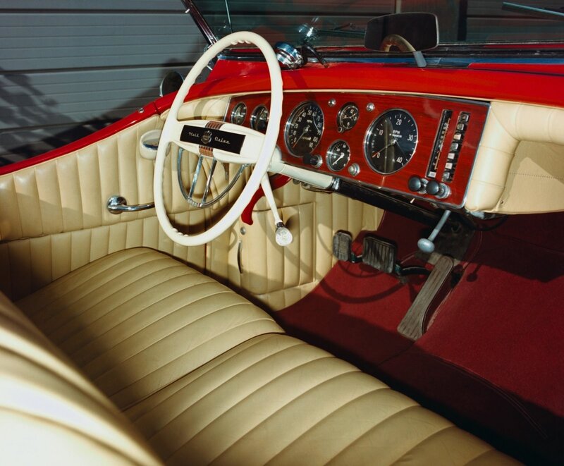 Classic Car Interior — Red, Retro, Photograph, Steering Wheel, Dashboard, Leather Seats, Beige