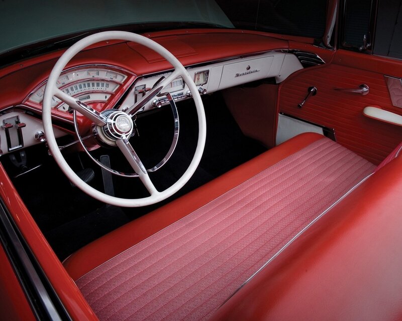 Classic Car Interior — Red, Retro, Photograph, Steering Wheel, Dashboard, Seat