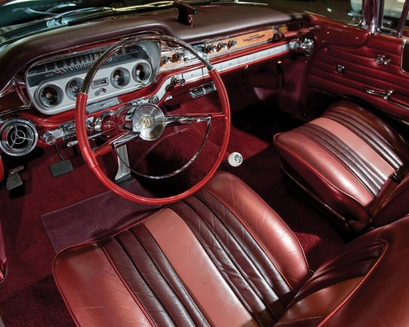 Classic Car Interior — Red, Retro, Photograph, Steering Wheel, Dashboard, Seats, Brown
