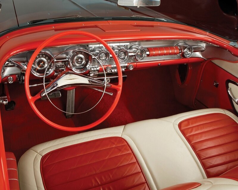 Classic Car Interior — Red, Retro, Photograph, Steering Wheel, Dashboard, Seats, White