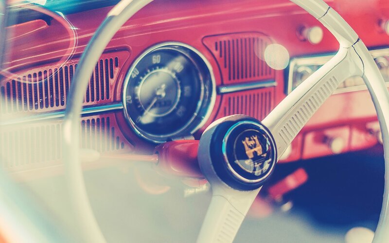 Classic Car Interior — Red, Retro, Photograph, Steering Wheel, Dashboard, Speedometer