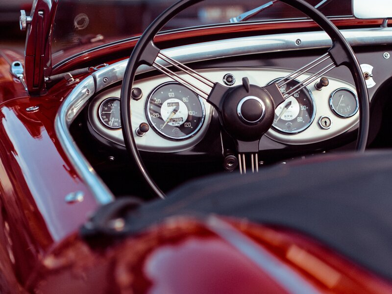 Classic Car Interior — Red, Retro, Photograph