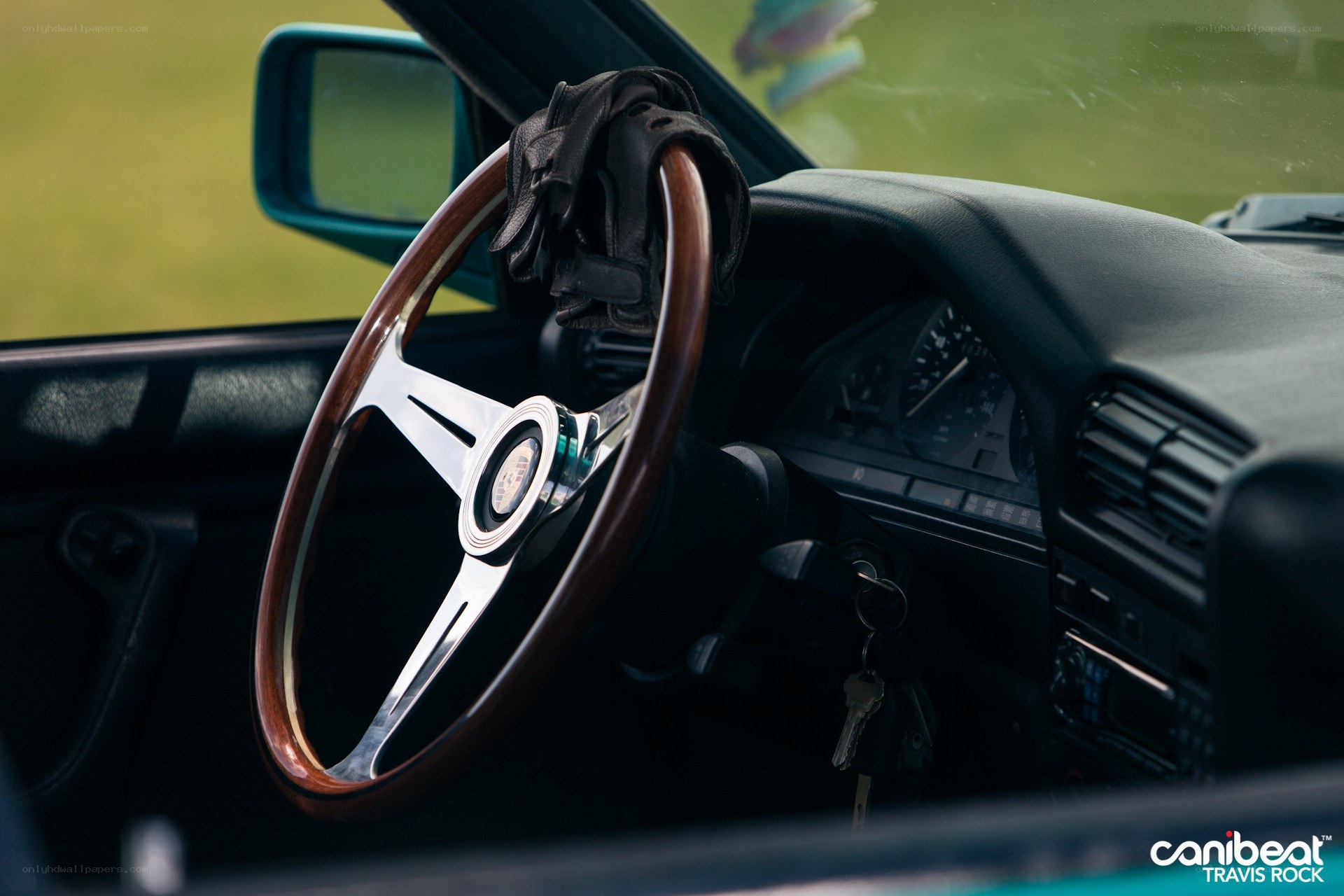 Classic car interior with steering wheel