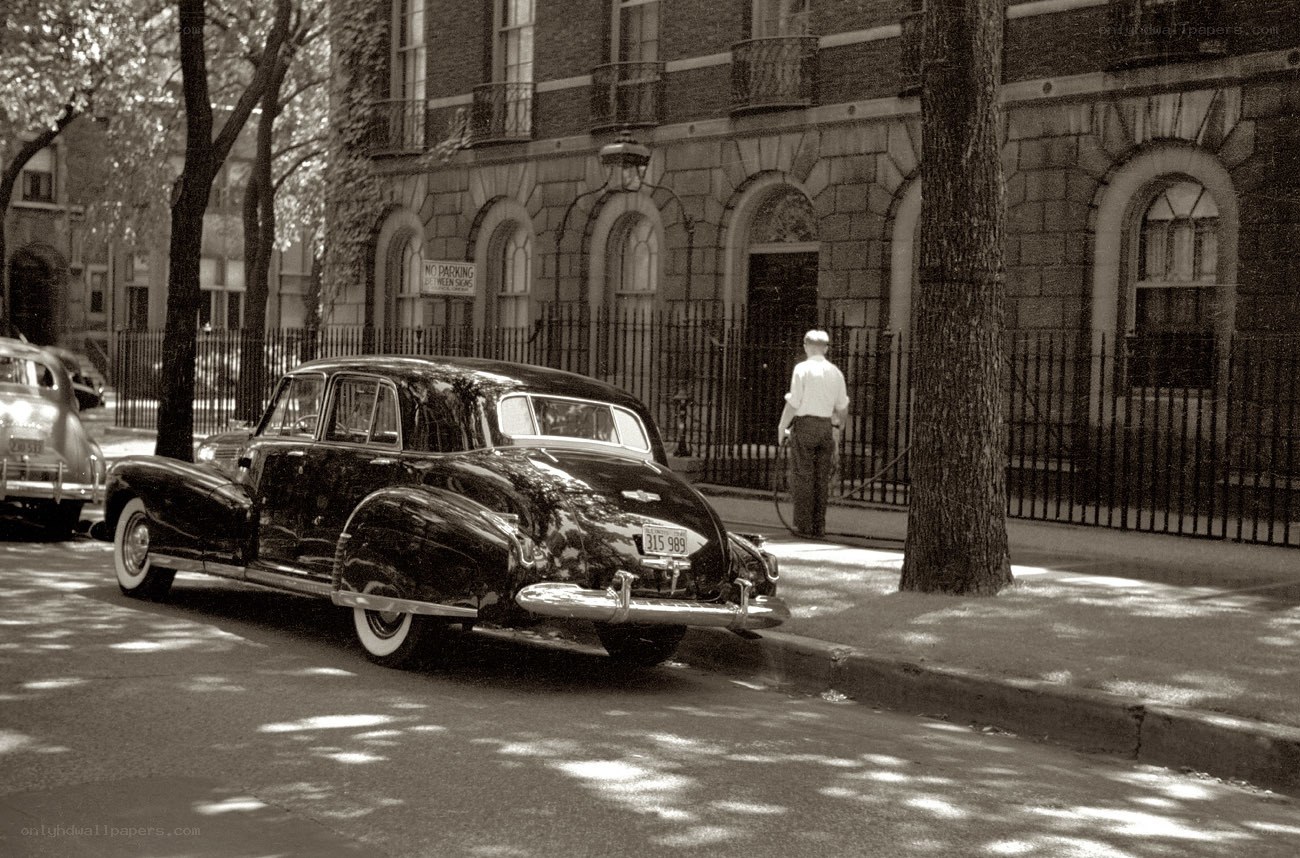 Classic car on a tree-lined street