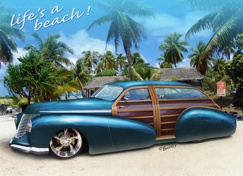 Classic car on a tropical beach